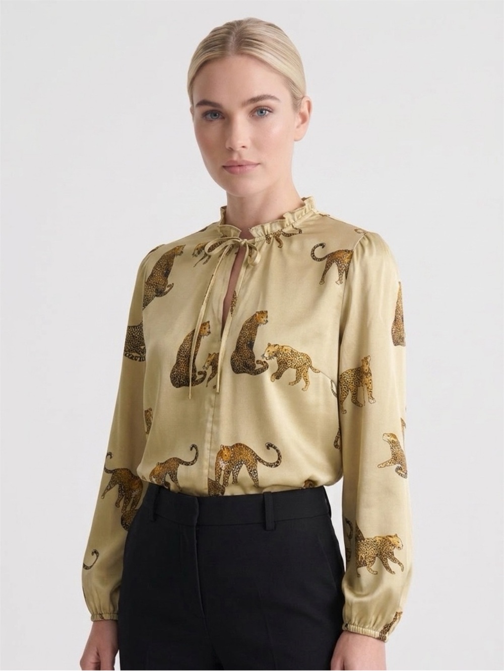 Silky Leopard Print Tie-Neck Blouse - Cream